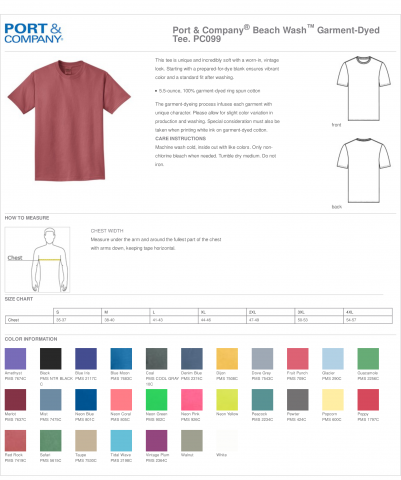 Port & Company PC099 Beach Wash Garment-Dyed Tee Size & Fit Guide 